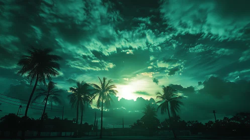 Dreamy teal sunset behind silhouetted tropical palms.