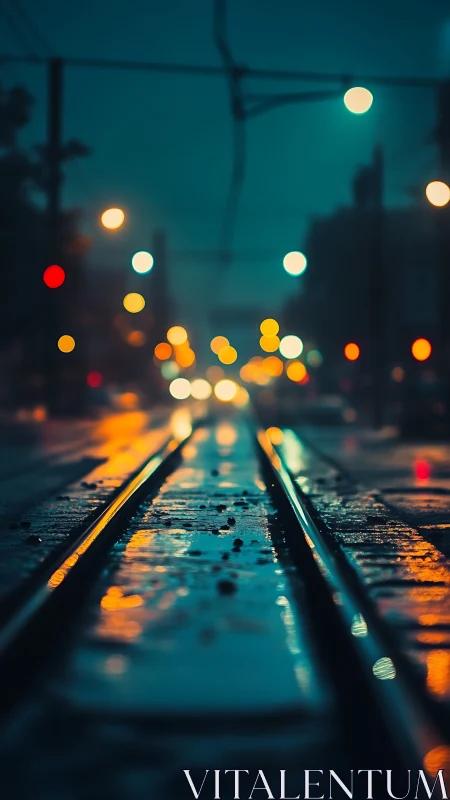 Wet city tram tracks at night with blurred streetlights.