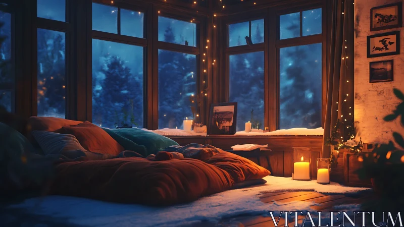 Digital painting of hygge bedroom with winter window lighting.