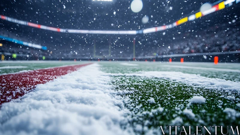 Snow-covered football field sideline during active snowfall.