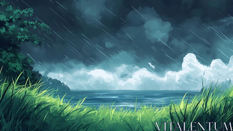 Rain over lake with foreground grass and dense storm clouds.