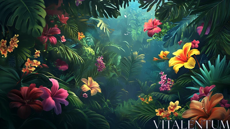 Lush Jungle Canopy with Vibrant Tropical Flowers