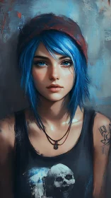 Blue haired daydreamer steadies the storm inside concrete walls