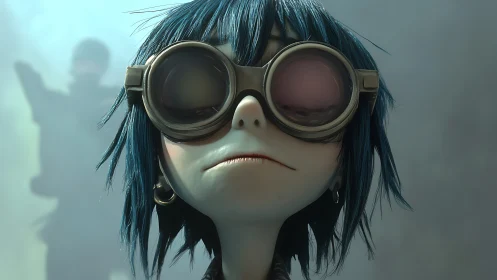 Goggles cradle a dreamer drifting through bluish battlefield haze