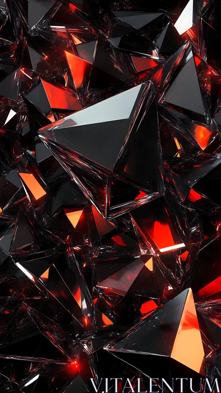 3D crystalline prisms in red-black high-gloss geometric field.