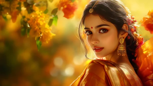 Digital portrait of Indian woman in golden festive light.