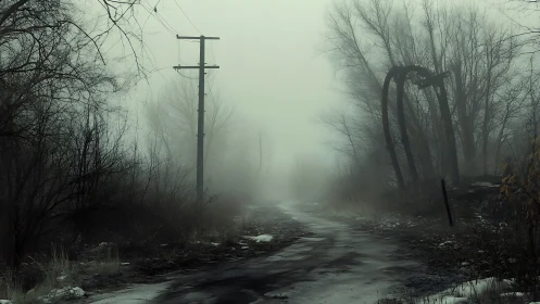 Desolate winter road in dense fog with leaning relics.