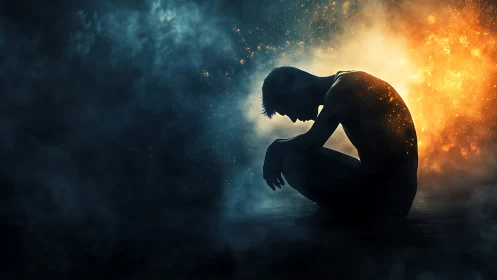 Silhouetted figure in kneeling pose amid dual-phase nebular fire.