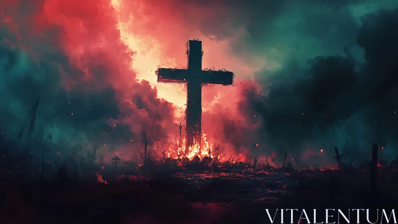 Burning cross in dark battlefield under red storm sky.