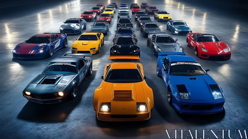 Multiple sports cars are aligned in organized frontal rows