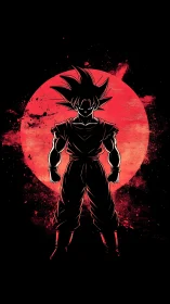 Silhouette of spiky-haired warrior before red circular backdrop.
