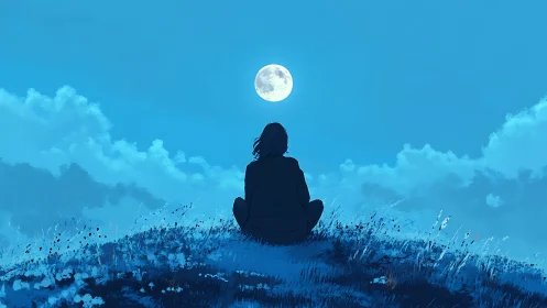 Solitary figure on hill under full moon in clear blue sky.