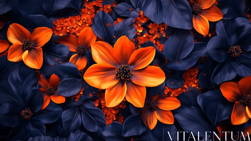 Orange and Navy Blooms Against Luminous Darkness.
