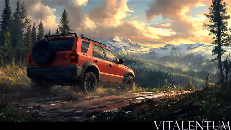 Orange SUV climbs muddy forest trail toward sunlit peaks.
