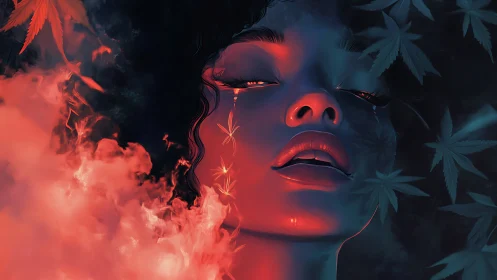 Woman&rsquo;s illuminated face emerges through red smoke and leaves