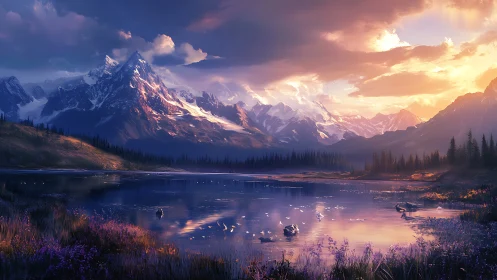 Digital painting of alpine lake at sunset with grand peaks.