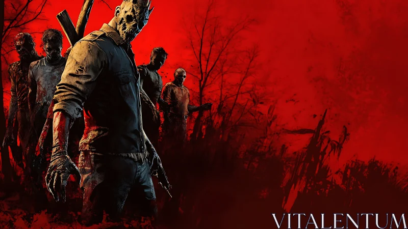 Masked killer leads undead horde through bloodred wasteland.