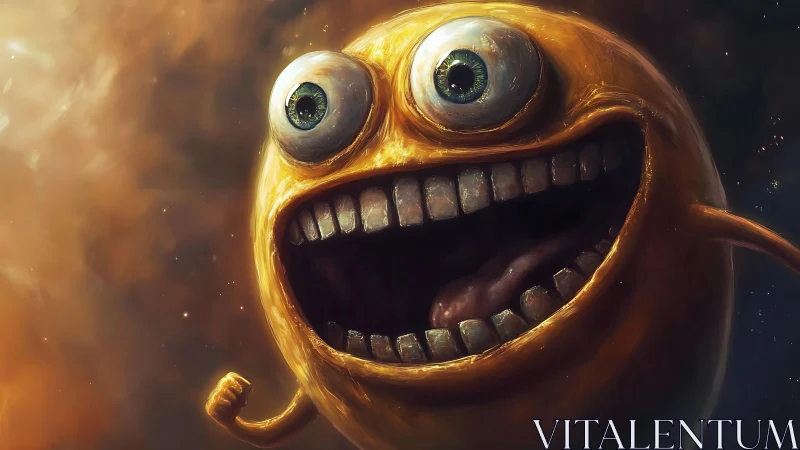 Surreal grinning orb character in deep space environment.