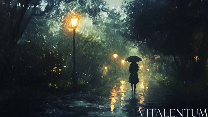 Solitary figure under lamplight walks through a rainy park.