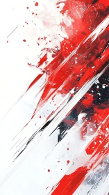 Scarlet velocity slashes through a storm of quiet white.