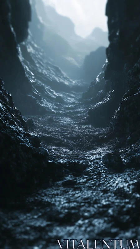 Misty cavern passage climbs toward a pale, haunted light.