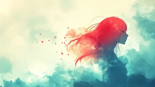 Dreamlike girl silhouette dissolves into glowing pastel clouds.