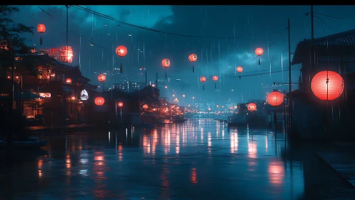 Rainy canal city with red lantern reflections at night.