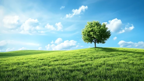 Lone green tree on bright grassy hill under blue sky.