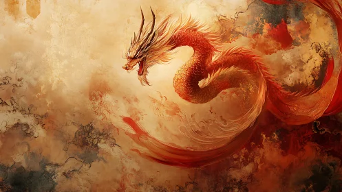 Fiery serpentine dragon in swirling ochre cloudscape panorama