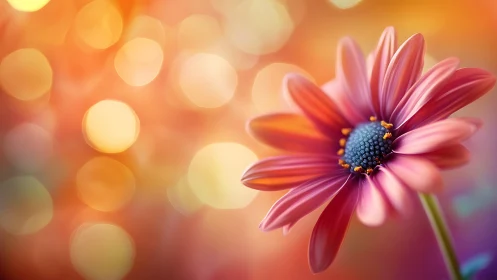 Vibrant pink daisy macro against warm bokeh glow background.