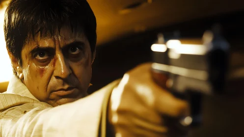 Bruised gunman aims pistol under harsh golden light.