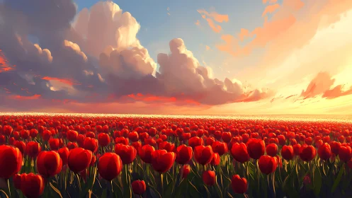 Red tulip field under dramatic sunset sky with clouds.