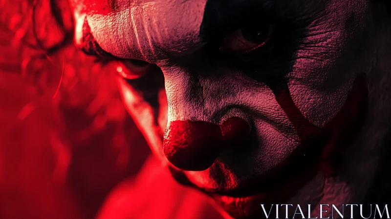 Intense red-lit clown portrait with sinister painted expression.