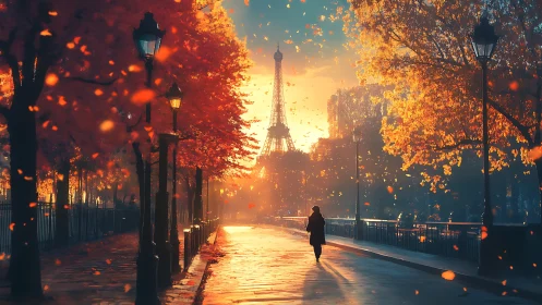 Silhouetted person walks toward Eiffel Tower on autumn street