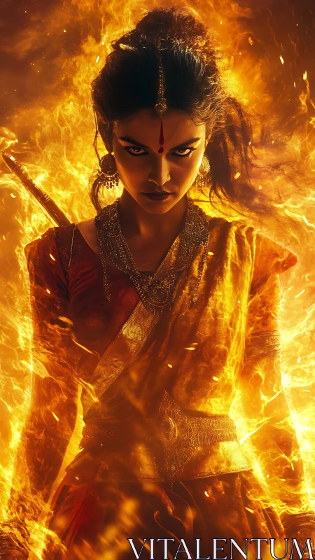 Warrior goddess strides through blazing elemental fire.