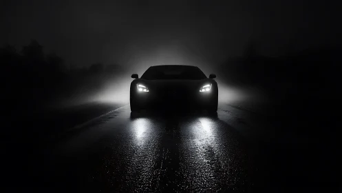 Sports car headlights cut through dense nighttime road fog