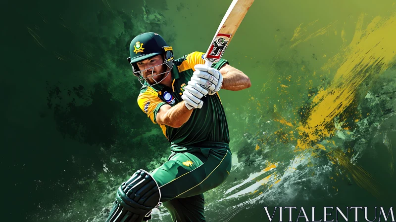 Cricketer drives powerfully amid dynamic splash backdrop.