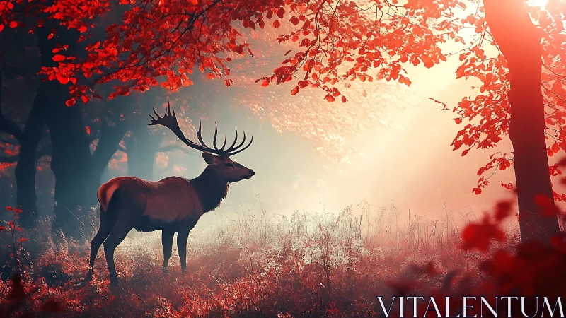 Red forest stag under radiant autumn sunrise glow.