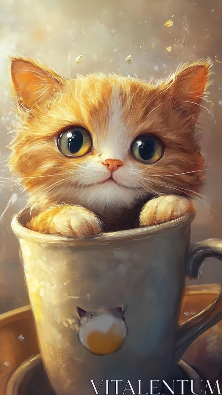 Cozy Kitten in Golden Cup - Warm Digital Fantasy