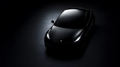 Black electric sedan in low key studio lighting profile.