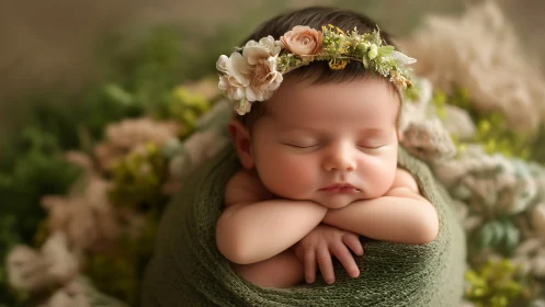 Sleeping Newborn with Floral Crown in Botanical Wrap Environment