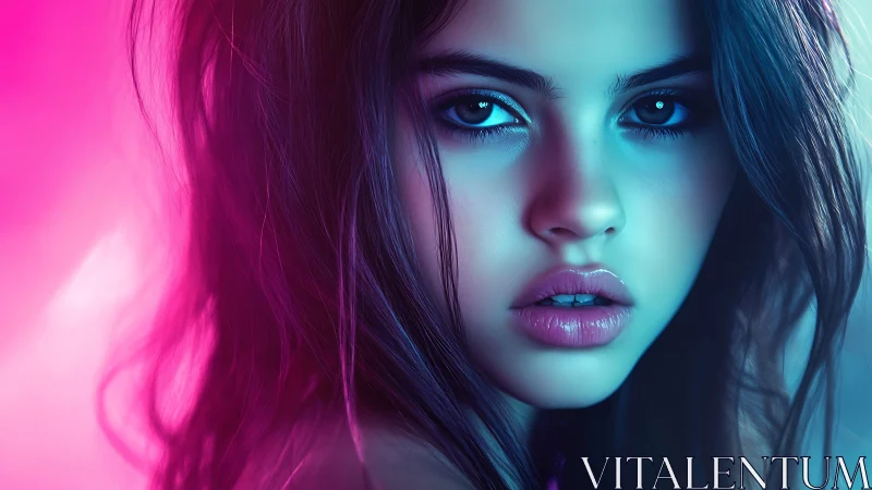 Neon-lit close-up portrait in vivid cyan and magenta glow.