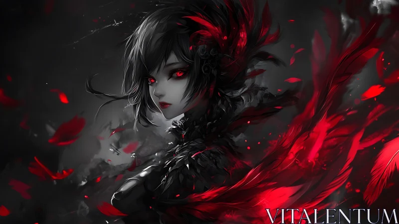 Crimson-eyed raven sorceress amid swirling bloodlit feathers.