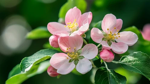 Pink crabapple blossoms in spring sunlight.