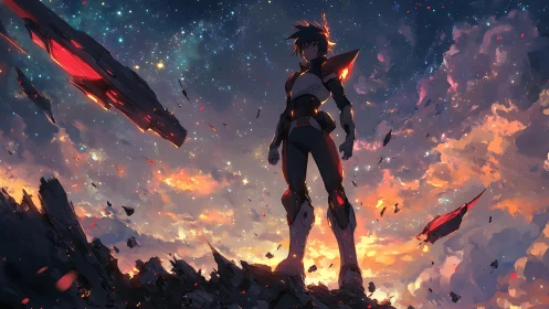 Armored anime hero standing on shattered sci fi world.