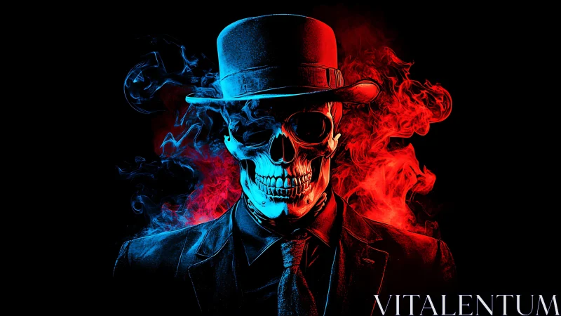 Bicolor spectral skull gentleman in tailored suit and hat.
