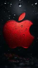 Red glass apple logo drenched in dramatic water droplets.