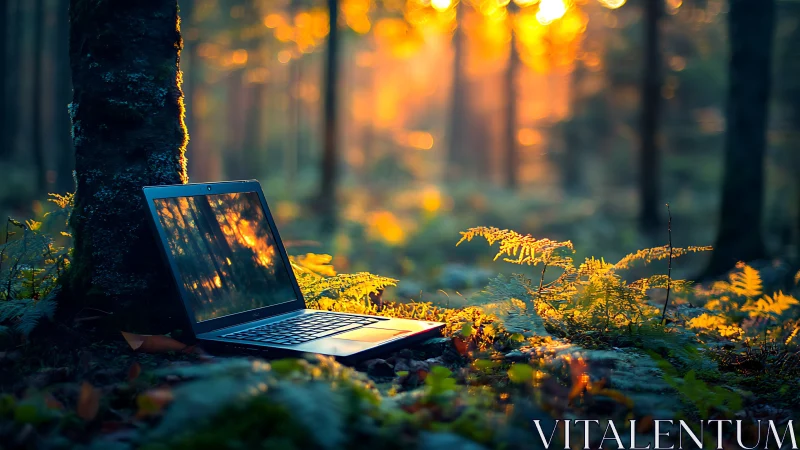 Backlit laptop integrating with sunlit forest bokeh field.