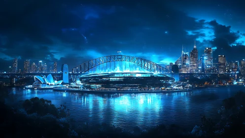 Neon tide over a futuristic harbor city wrapped in glow.