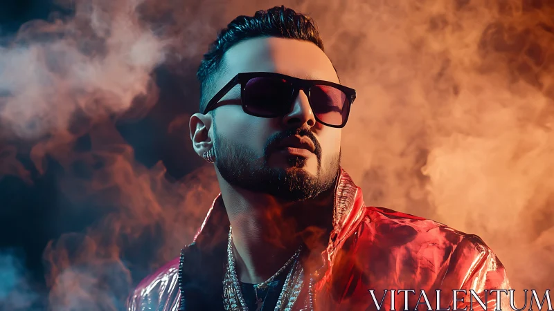 Man in reflective jacket amid colored studio smoke.